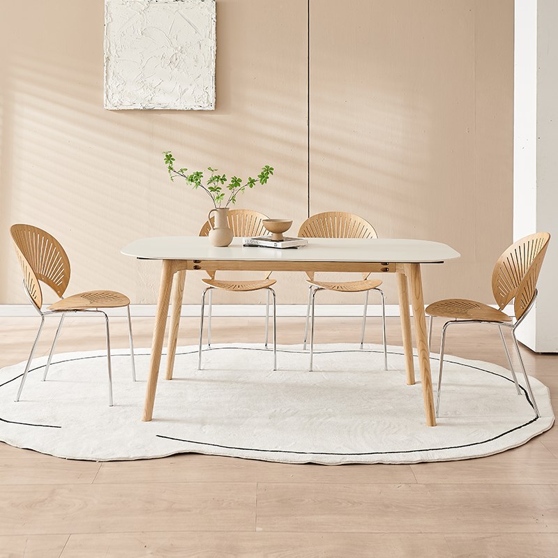 潮石德利丰岩板餐桌纯白 原木风 姹寂奶油风饭桌椭圆形小户型家用