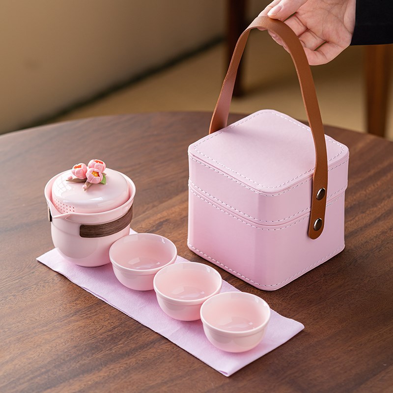 2024粉色茶具女士茶具捏花旅行茶具套装旅游一人一杯泡茶便携茶具