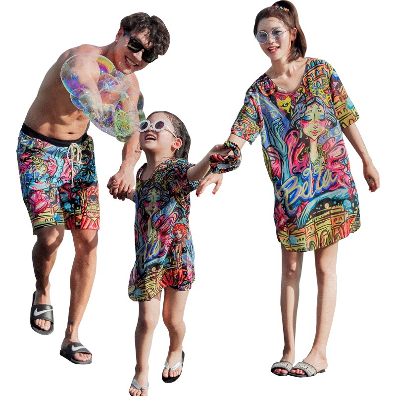 新款亲子泳衣家庭装母女分体三件套防晒游泳衣一家三口沙滩泳装