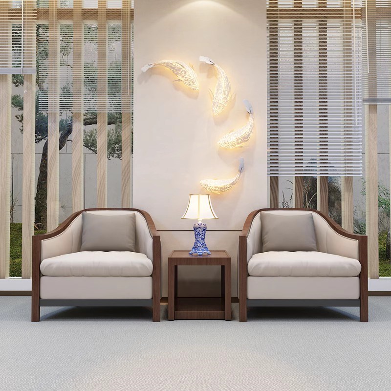 新中式会议室接待单人沙发全实木大堂酒店客卧室洽谈办公商务桌椅