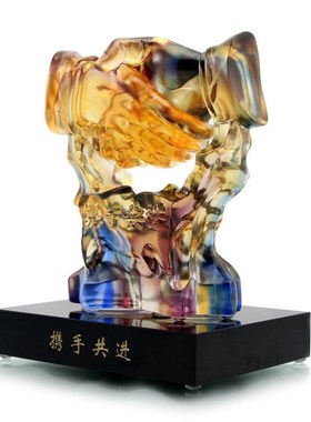 合作共赢握手摆件老板领导办公室桌面琉璃工艺装饰品摆设开业礼品