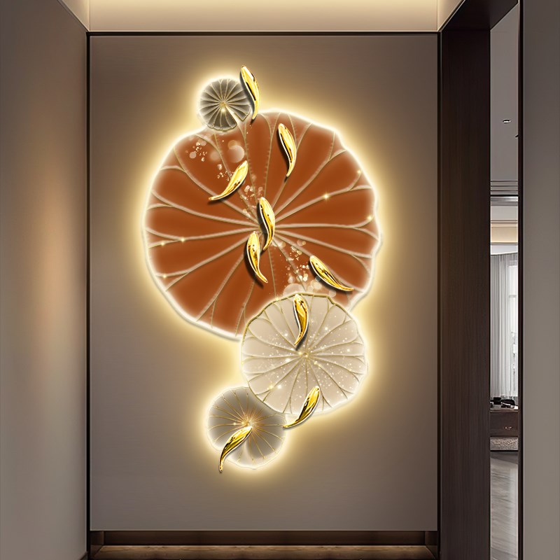寓意好九鱼图荷花玄关装饰画带led氛围灯画走廊过道立体无框挂画图片