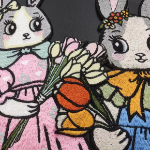 新款 捧花长耳兔子猫咪衣服补丁贴大号刺绣破洞辅料T恤羽绒服布贴