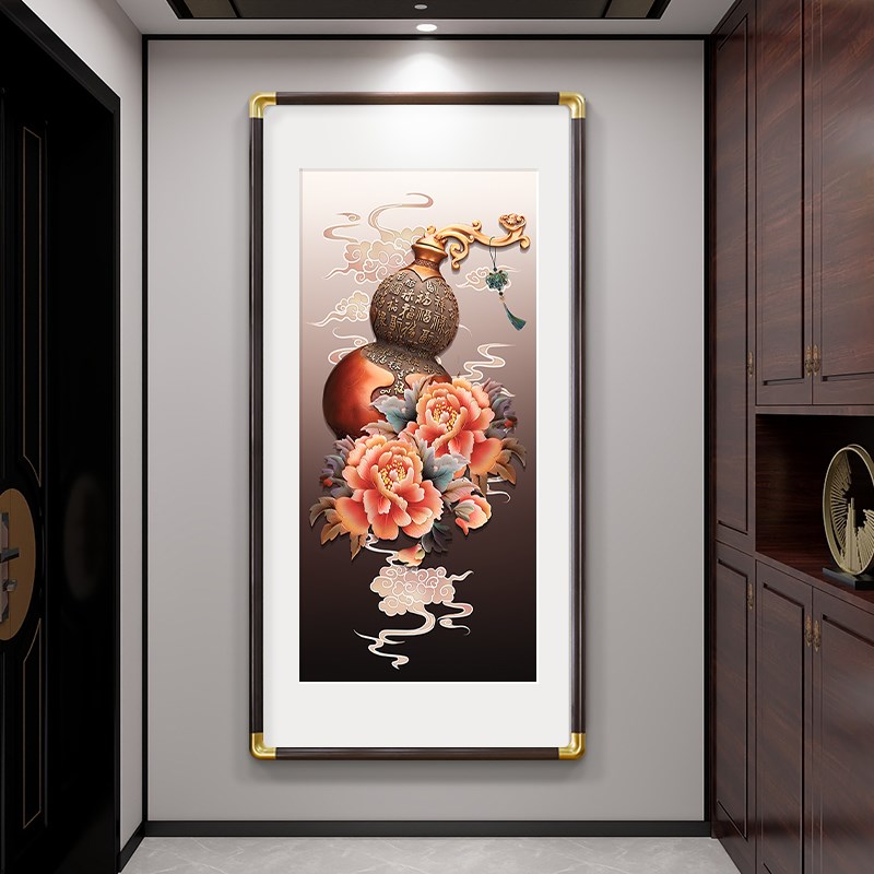 五福临门挂画新中式玄关装饰画入户正对门寓意好走廊过道葫芦壁画图片