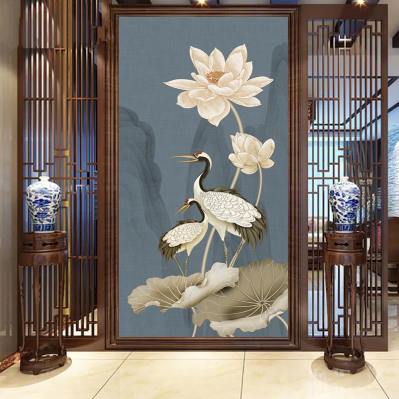 手绘荷花现代玄关简约花鸟墙面装饰中式客厅走廊过道壁布油画贴画图片