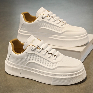 男鞋2025新款春秋季透气百搭高级感运动休闲板鞋皮面厚底增高小白