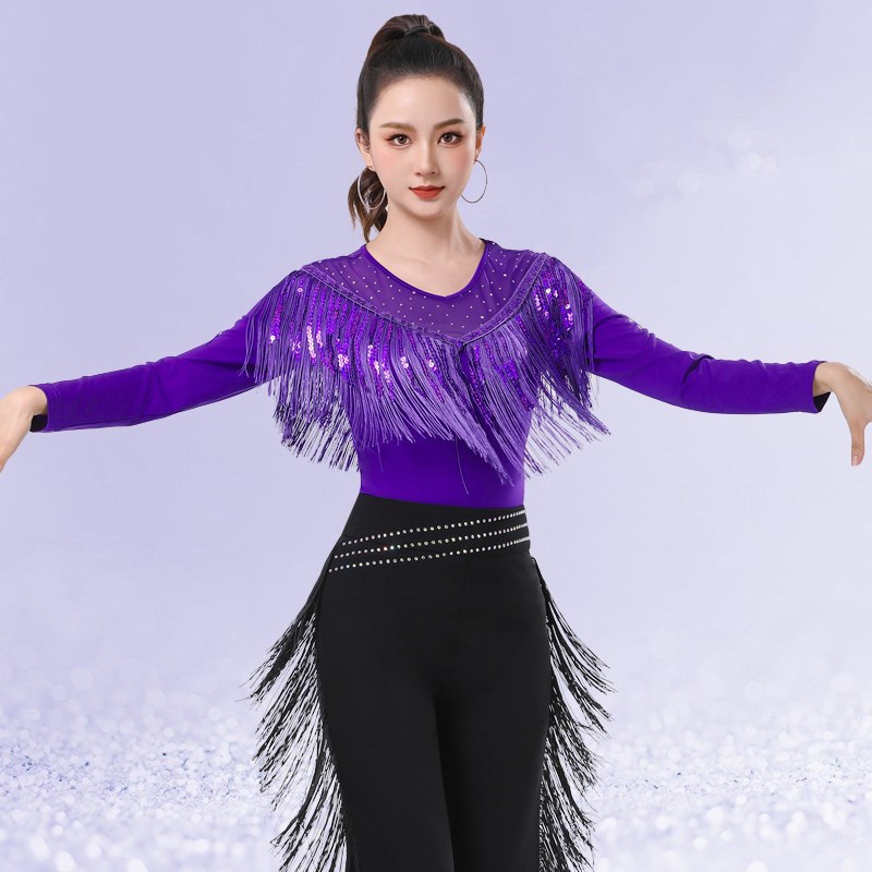 新款吉特巴舞蹈服流苏亮片上衣女式广场舞长袖演出服三步踩跳舞服