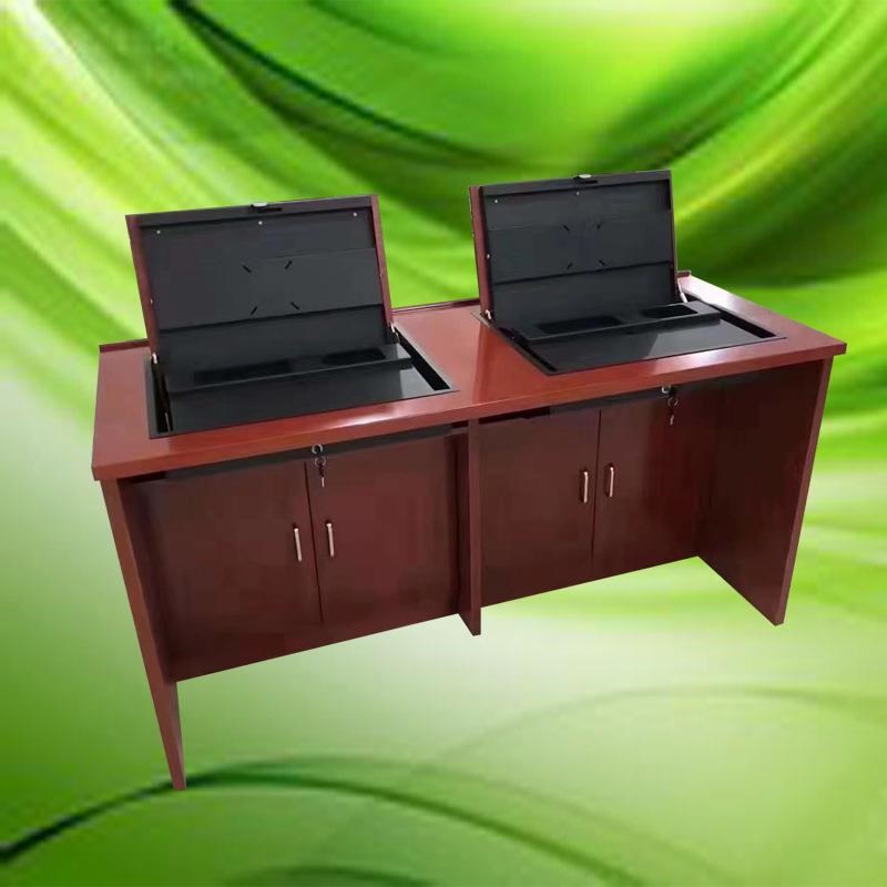 湖南实木油漆翻转式电脑桌天津视讯会议隐藏液晶显示屏台式办公桌