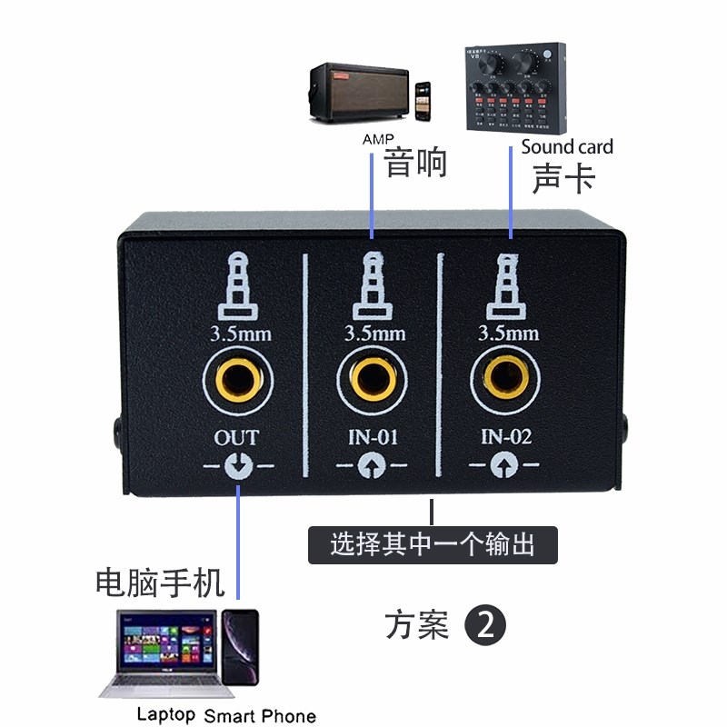 3.5两台电脑音箱分配器aux切换器音响3.5mm母1分2立体声卡二合一