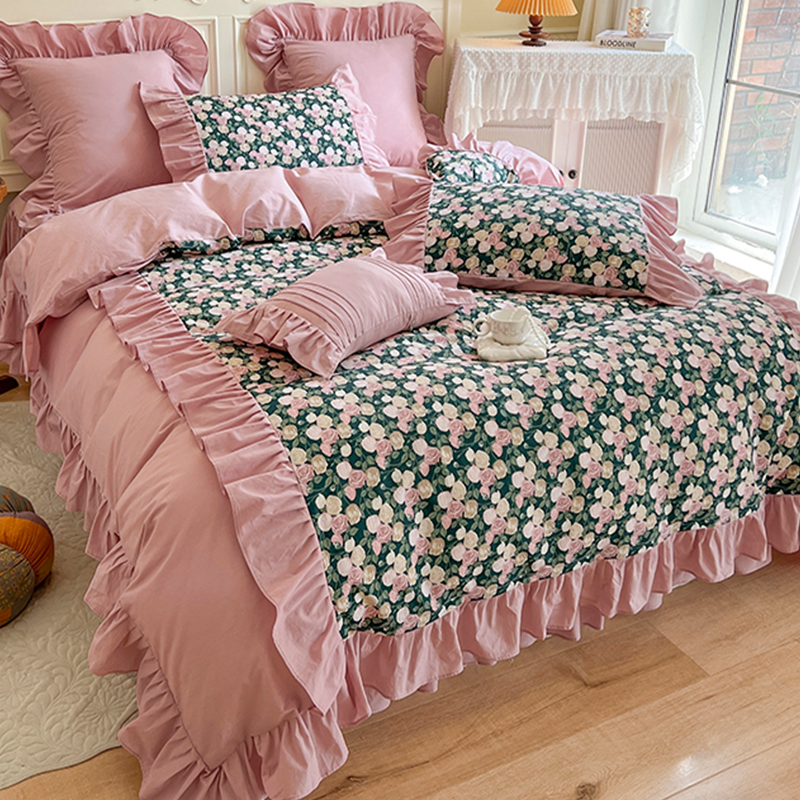 法式复古120支全棉碎花四件套小清新公主风被套紫色床裙床品4