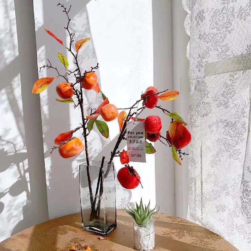 海虹雅林仿真柿子轻奢高端绿植客厅桌面摆件植物浆果节日喜庆假花