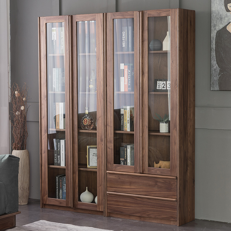 日式黑胡桃木组合书柜玻璃门柜收纳柜储物柜带抽屉书架全实木