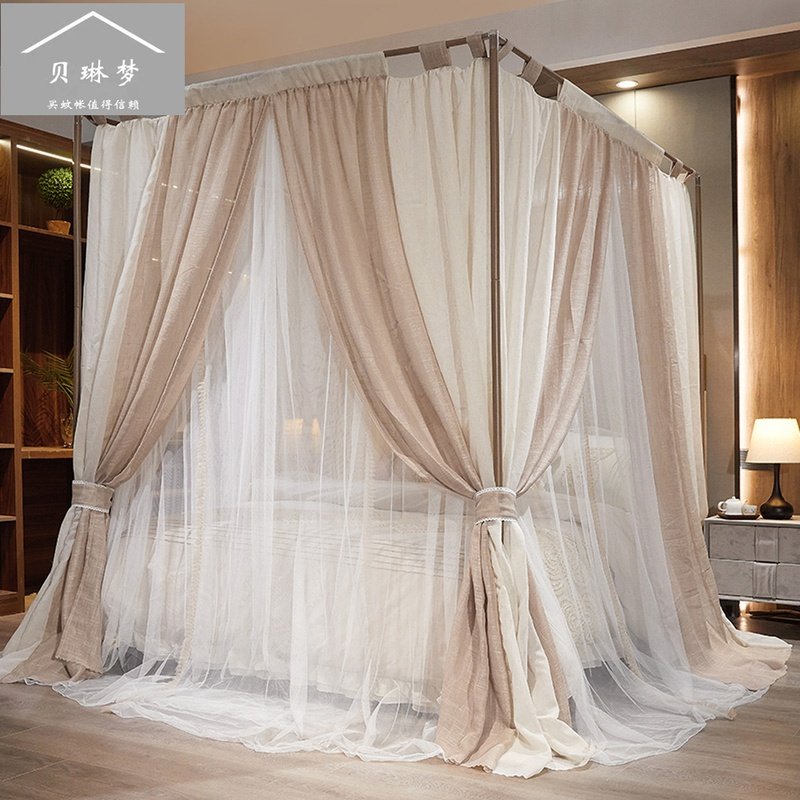 亚麻床幔宫廷层地蚊帐床帘加厚加落防尘遮光布幔家用双粗烤漆支架