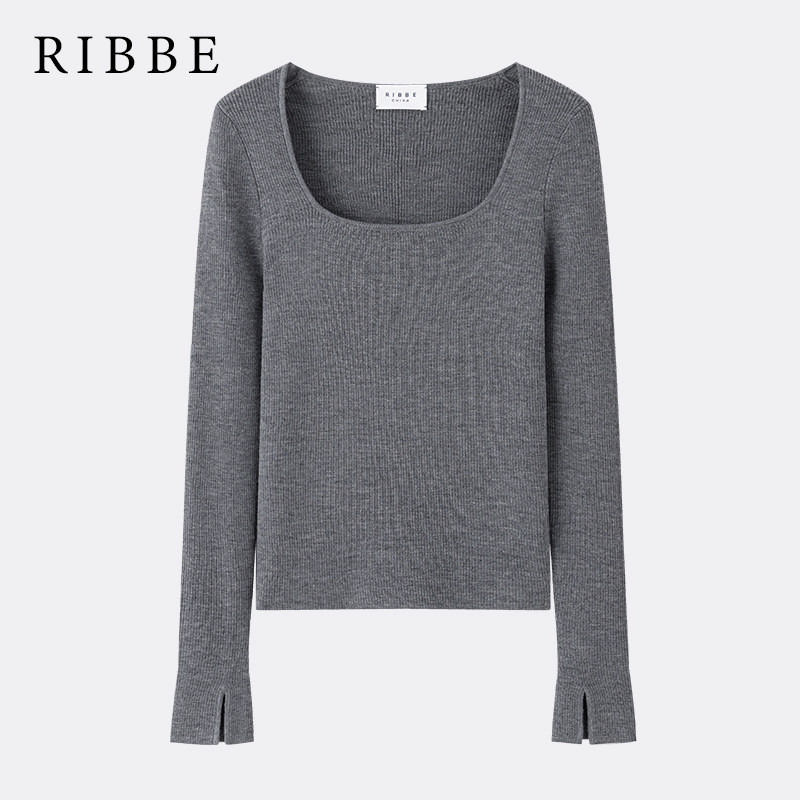 Ribbe礼贝 百搭轻盈方领细坑条 100美丽诺羊毛针织修身打底针织衫,女装/女士精品,毛针织衫,淘宝优惠券,粉丝福利购,淘宝优惠卷