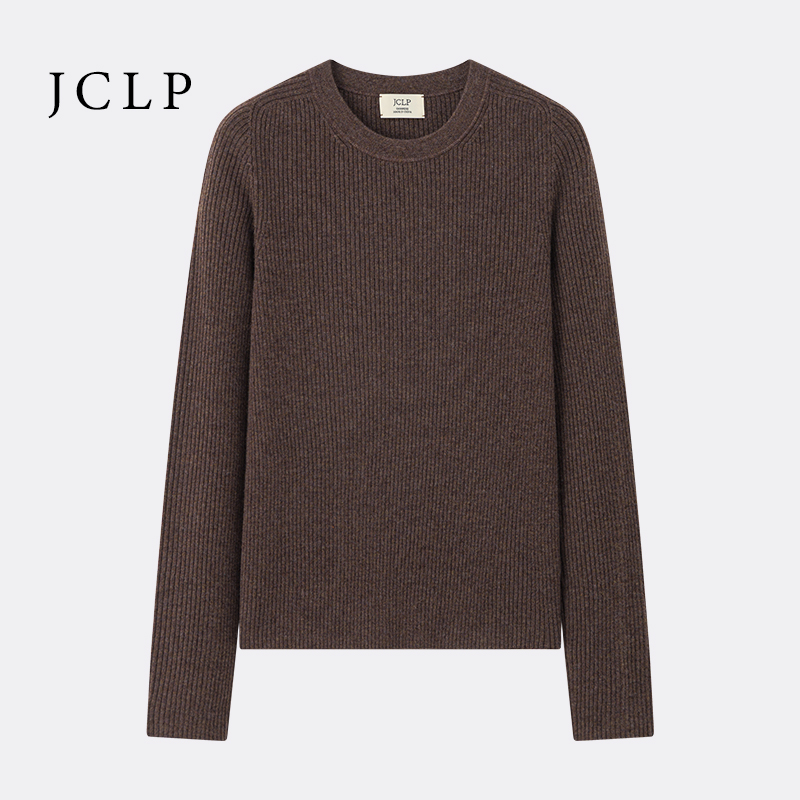 JCLP金纯良品 百搭圆领细坑条100%山羊绒针织修身打底羊绒衫毛衣