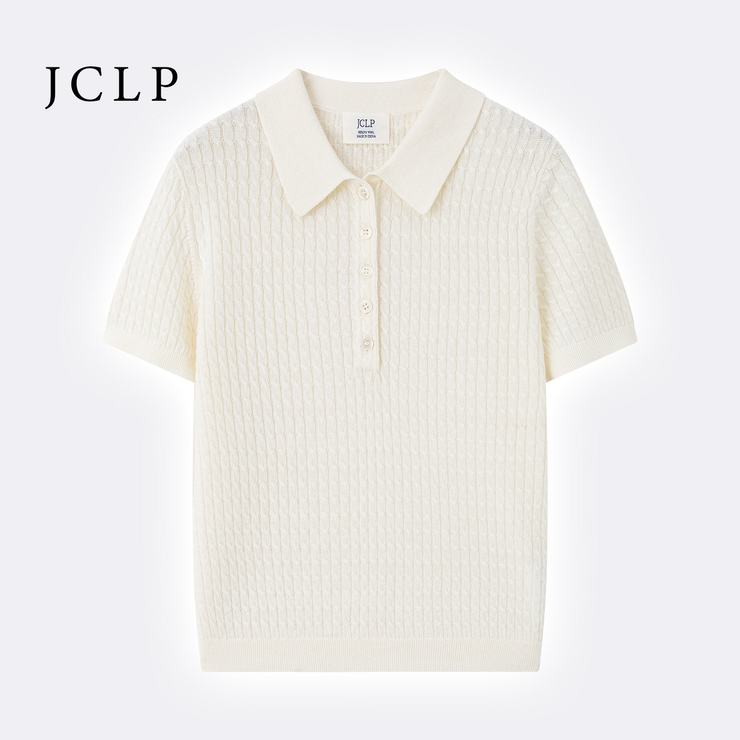 JCLP金纯良品 羊毛+亚麻混纺绞花polo领短袖T恤女麻花26夏季新款