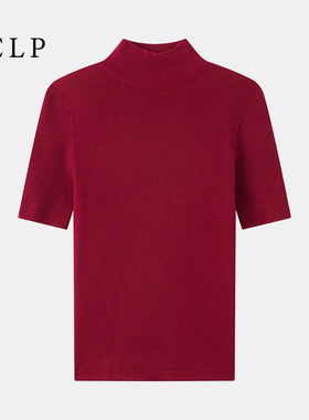 JCLP金纯良品 美丽诺羊毛细坑条半高领修身短袖T恤针织衫羊毛衫女