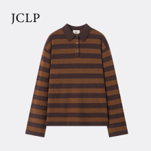 JCLP金纯良品 100%山羊绒Polo领极简宽松撞色长袖条纹针织衫25新