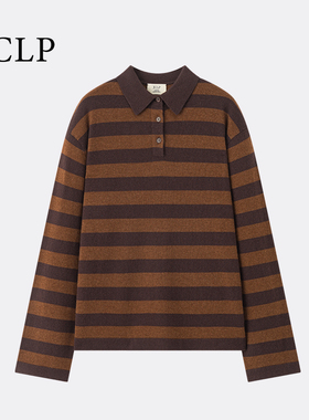 JCLP金纯良品 100%山羊绒Polo领极简宽松撞色长袖条纹针织衫25新