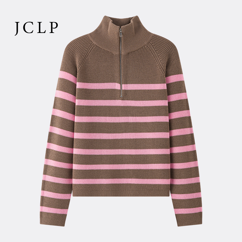 JCLP金纯良品美丽诺羊毛老钱风慵懒撞色经典条纹宽松翻领针织毛衣