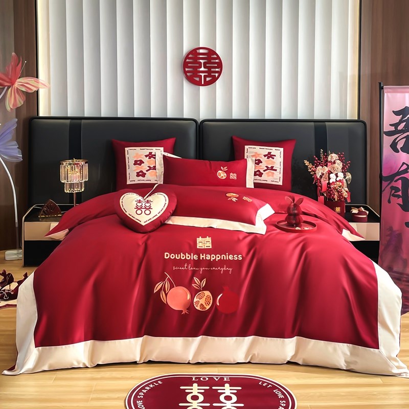 浪漫喜嫁婚庆四件套多巴胺红色系全棉床单被罩结婚用床上用品