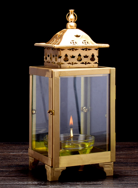 四面天灯家用点香防风铜油灯纯黄铜灯盏玻璃碗液体灯
