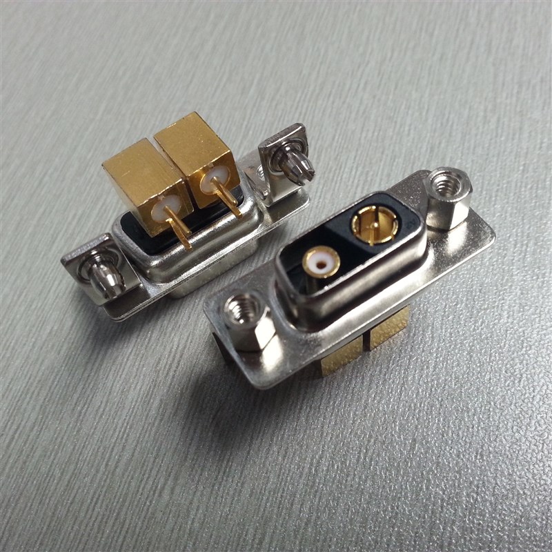 D-SUB2芯90度焊板连接器 射频弯脚2V2母座插头带支架同轴母头插座