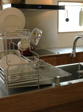 Nati Home双层不锈钢可伸缩碗碟沥水架水槽置物架厨房碗架沥水蓝