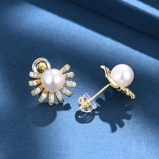 私意珠宝 天然彩宝澳白珍珠耳钉18K金镶钻石淡水珠耳钉首饰定制