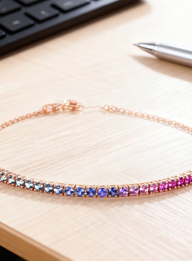 私意珠宝 天然彩蓝宝石手链18K金镶钻石首饰时尚彩虹款定制手镯