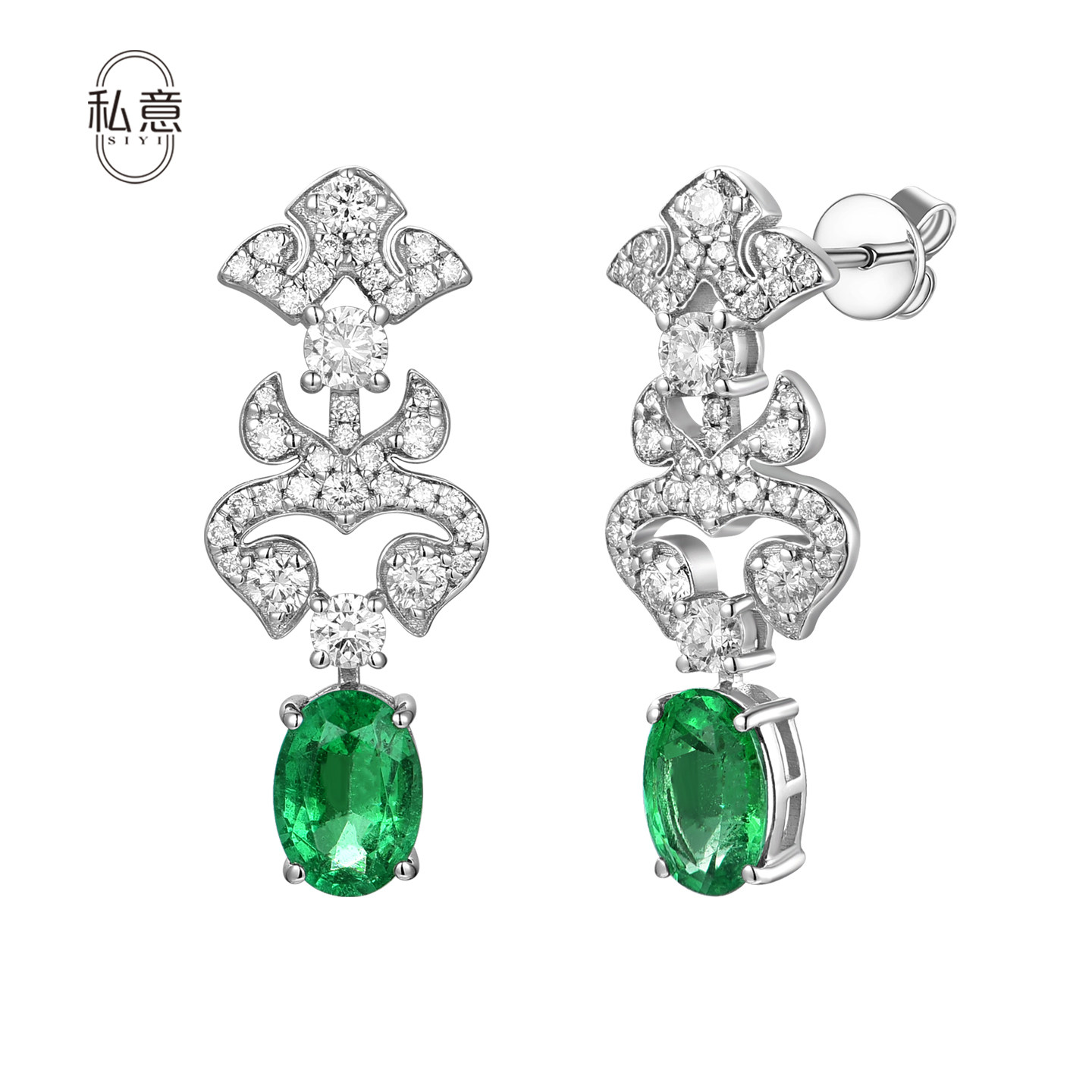 私意珠宝天然彩宝石祖母绿耳环18K金镶钻石耳钉黄金首饰定制