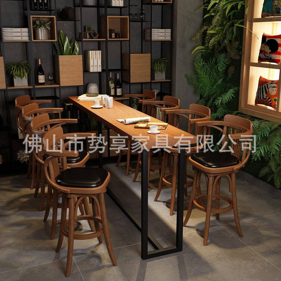 复古实木酒吧桌椅组合吧台清吧凳旋转扶手靠背脚椅咖啡厅桌椅
