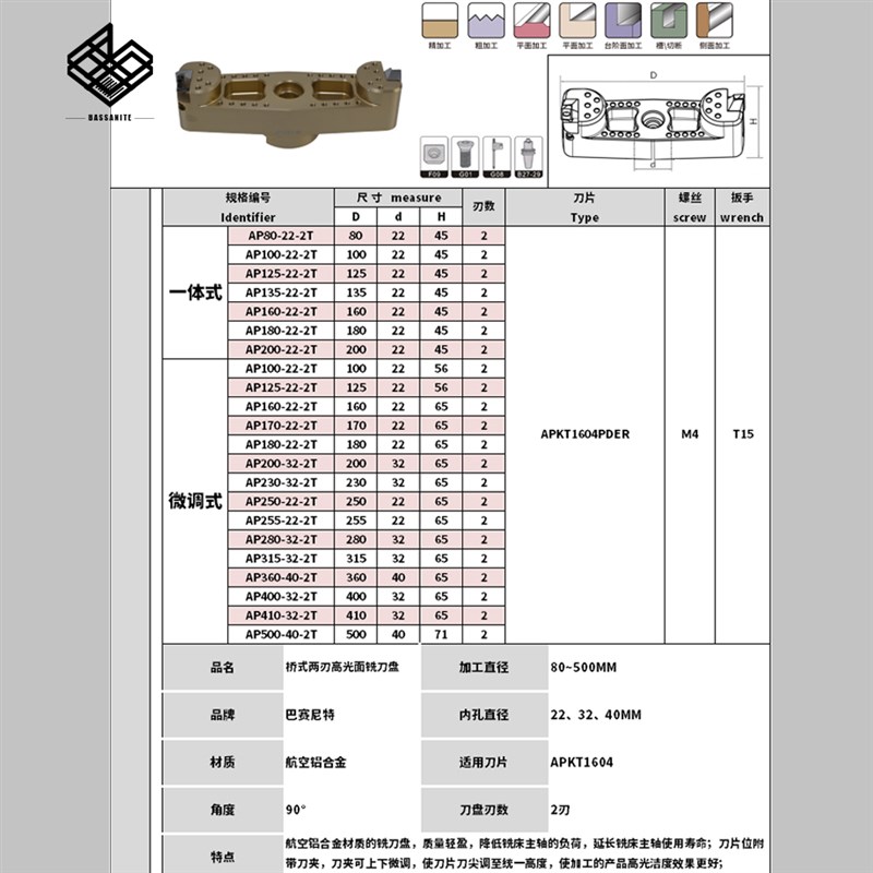 AP桥式2刃铣刀盘 一体/微调铜铝高光镜面用平面铣AP1604/1204刀片