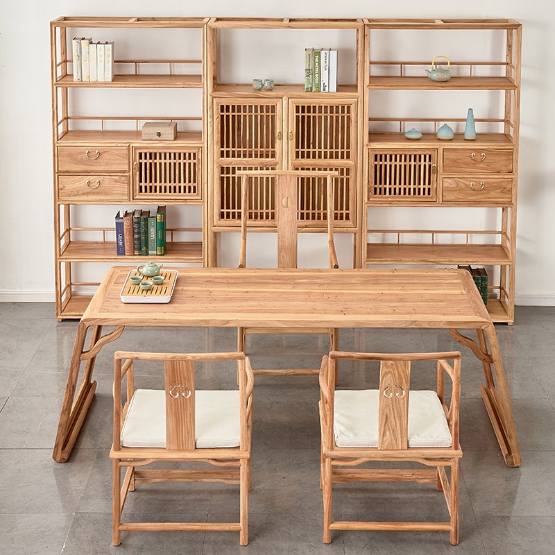 新中式书架黑胡桃实木书柜禅意茶架茶室置物架展柜简约老榆木博古