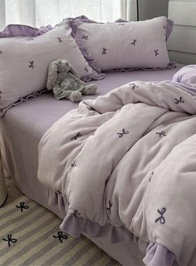 温柔ns少女紫色蝴蝶结床上冬季加厚床单床笠