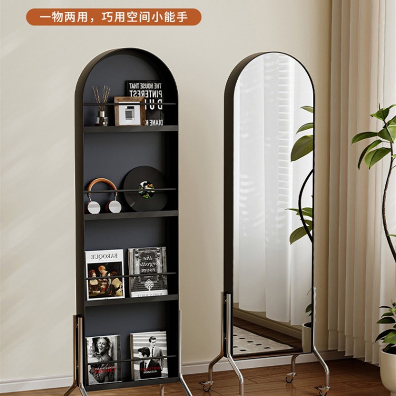 杂志架穿衣镜可移动镜子全身镜中古旋转收纳置物落地镜家用试衣镜