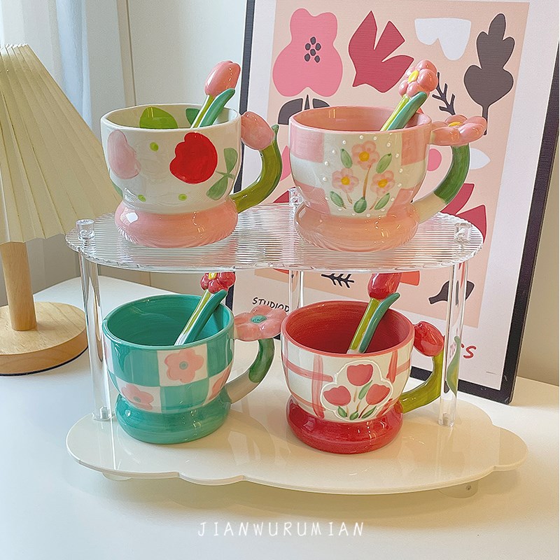 见物如面手绘浮雕马克杯创意郁金香小花高颜值早餐杯咖啡杯牛奶杯