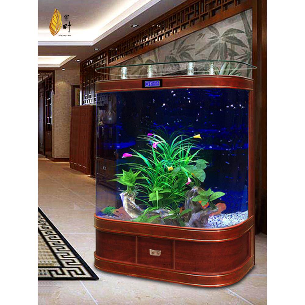 新双圆角鱼缸中式轻奢落地靠墙客厅生态水族箱中小型免换水金鱼缸