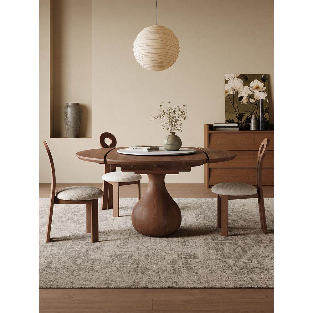 全实木圆形可伸缩餐桌家用胡桃色折叠餐桌带转盘设计师款圆形餐桌