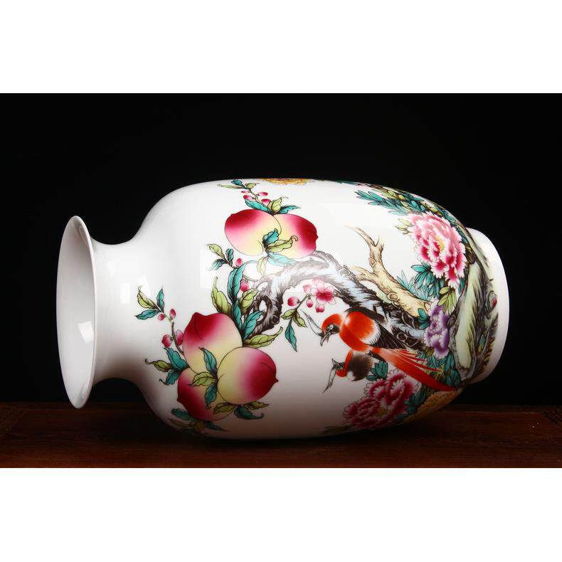 景德镇陶瓷器 中式彷古粉彩寿桃花鸟花瓶 客厅书房装饰工艺品摆件