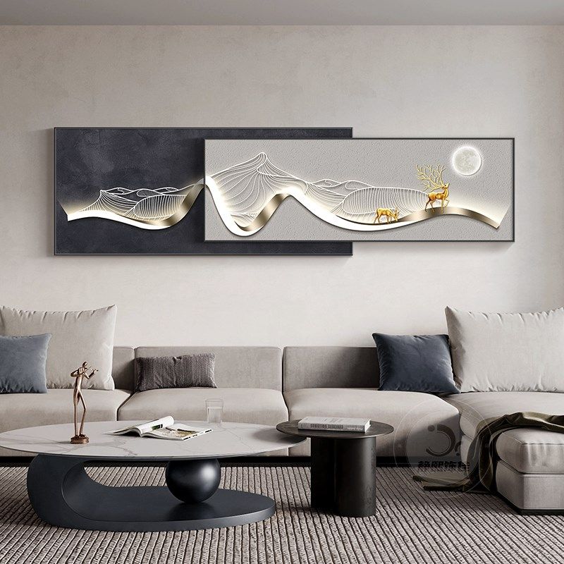 背有靠山客厅装饰画极简沙发背景墙壁画鎏金线条卧室叠加挂画