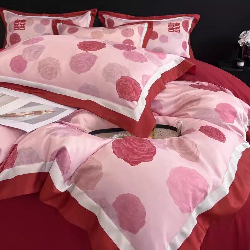 中式新婚结婚四件套大红色陪嫁床单被套纯棉婚庆床上用品婚房喜被