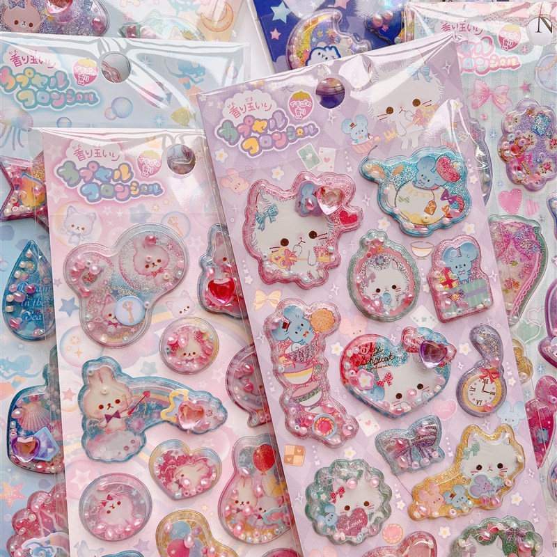 日系卡通可爱少女心立体彩珠摇摇香气贴纸diy手机装饰镭射贴画纸图片
