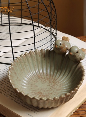 欧式田园陶瓷干果盘糖果盘盒 复居装饰品 小鸟点心盘