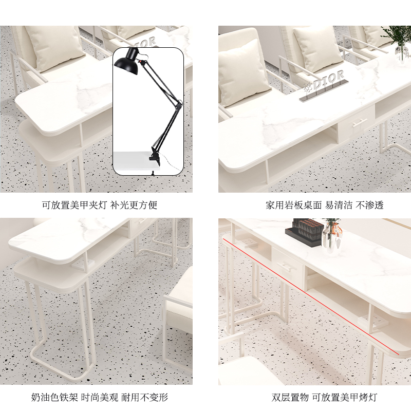 铁叮当奶油风美甲桌椅套装单双三人岩板烤漆美甲桌椅