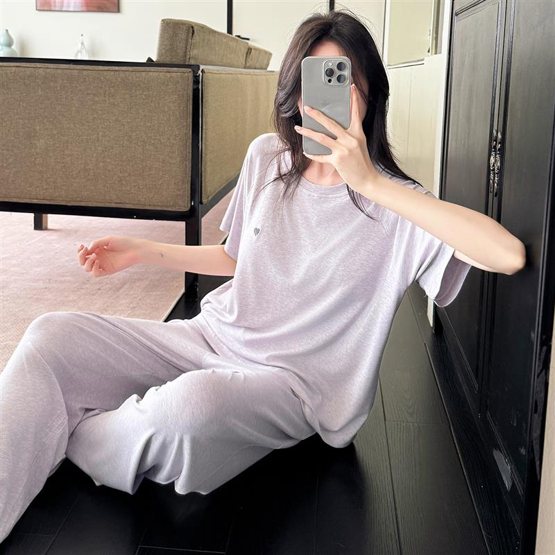 2025睡衣女款夏季短袖长裤带胸垫可外穿免穿文胸莫代尔家居服套装