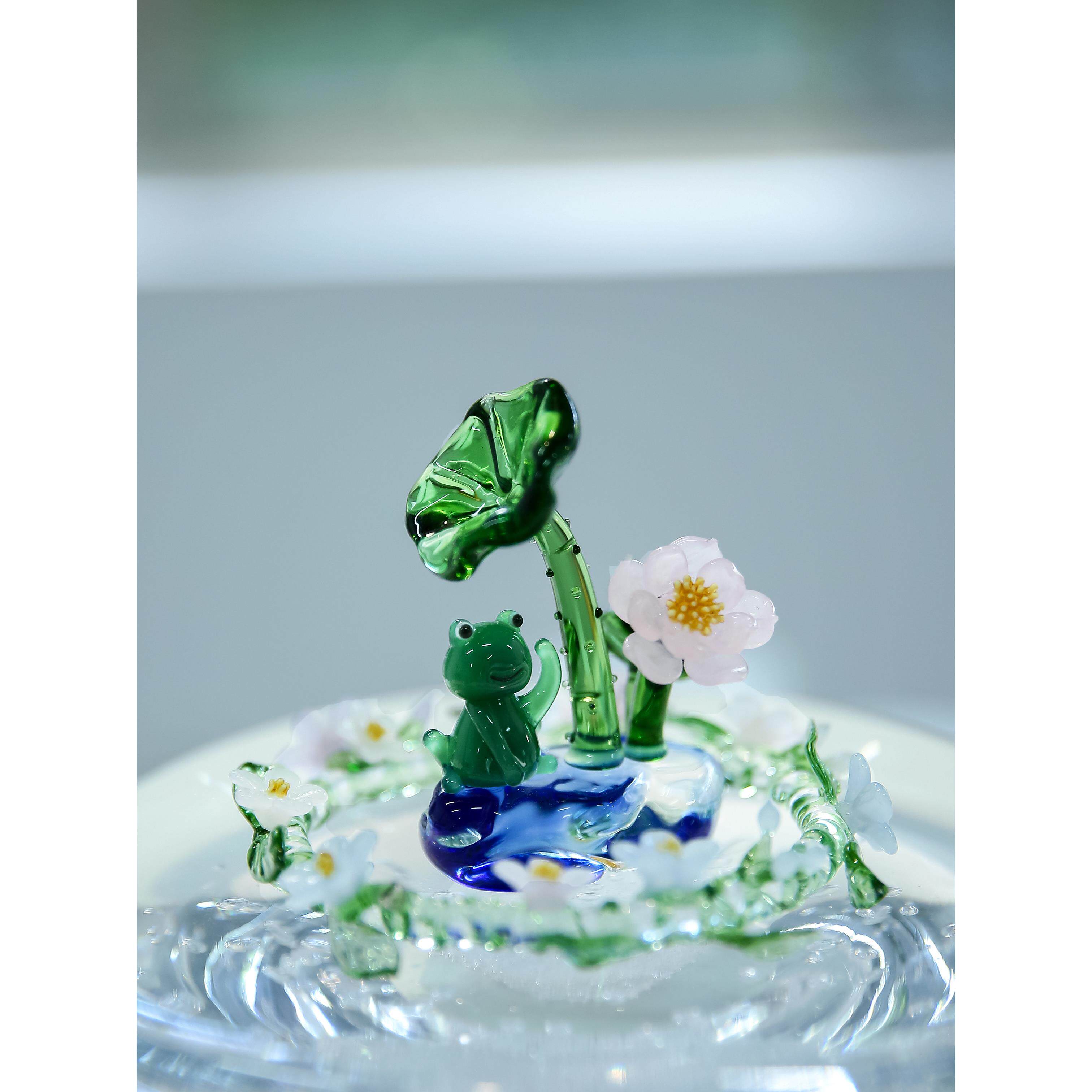 七隐 原创手工琉璃摆件创意可爱青蛙荷花桌面装饰品 汽车车载摆件