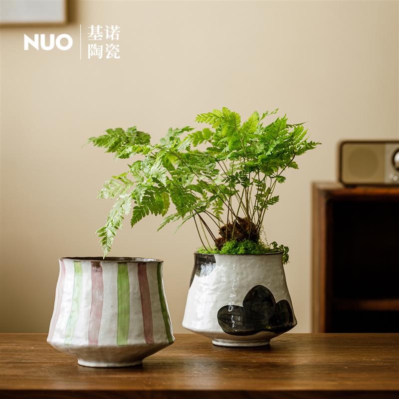 景德镇手绘圆形陶瓷花盆办公室大口径多肉植物盆栽小陶盆透气陶土