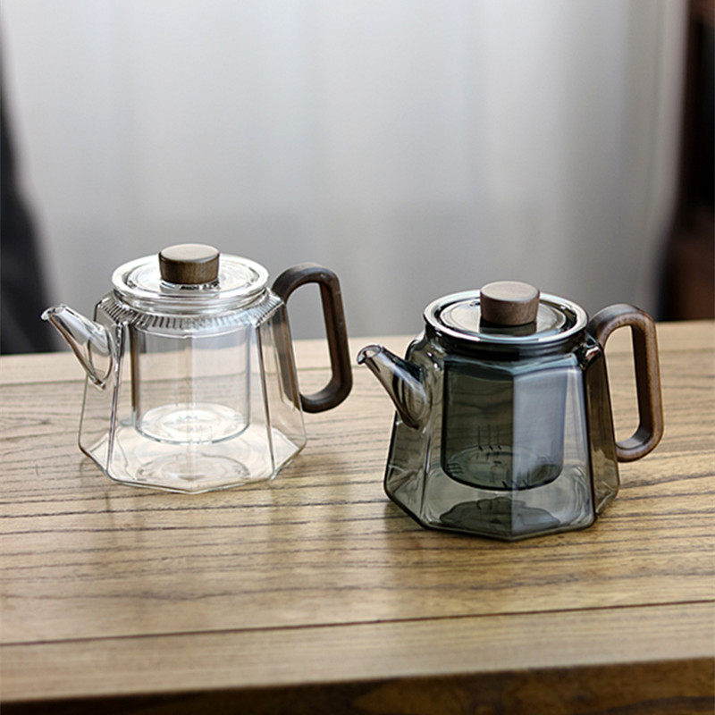 透黑耐高温玻璃泡茶壶 八角形冲茶器木把500ml内胆过滤花茶壶单壶