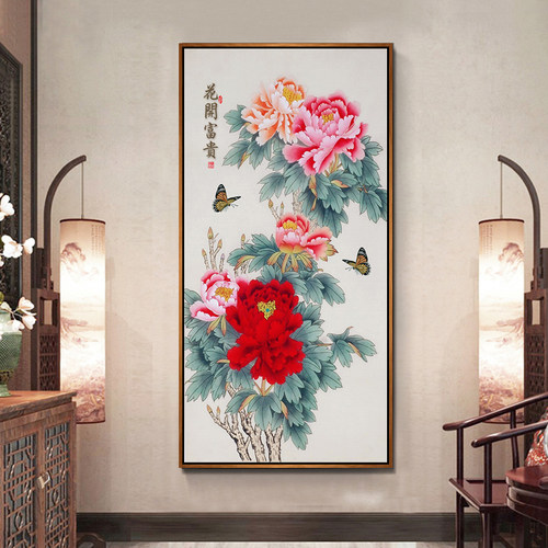 中式玄关装饰画牡丹九鱼图客厅过道壁画走廊招财挂画花开富贵灯画